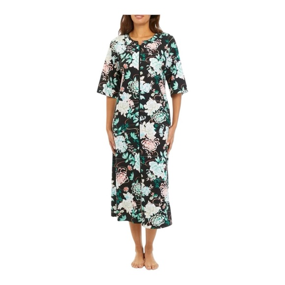 Miss Elaine Interlock Knit Long Floral Zip-Front Robe BWT - Picture 1 of 6